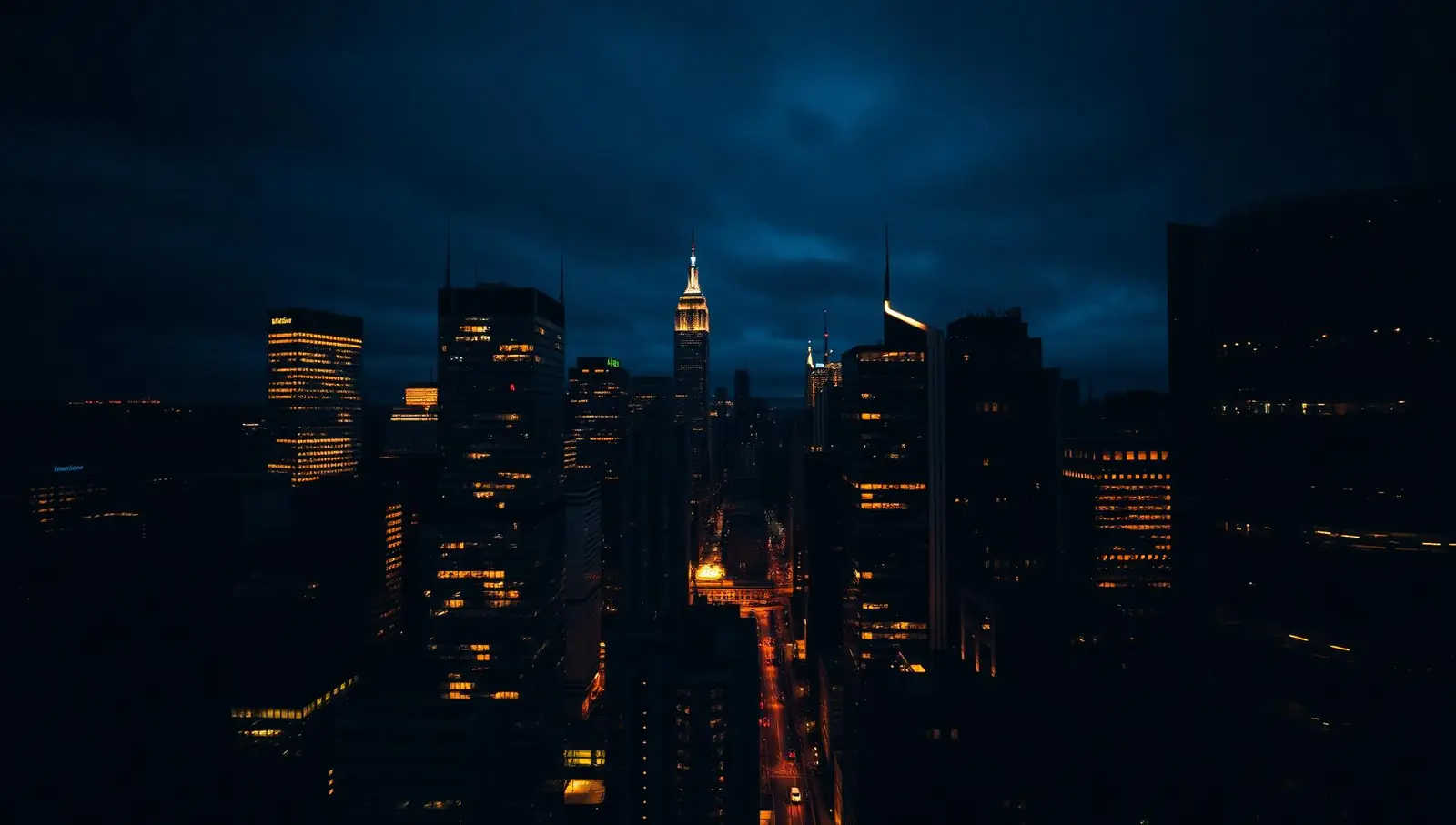 Modern financial district skyline at dusk